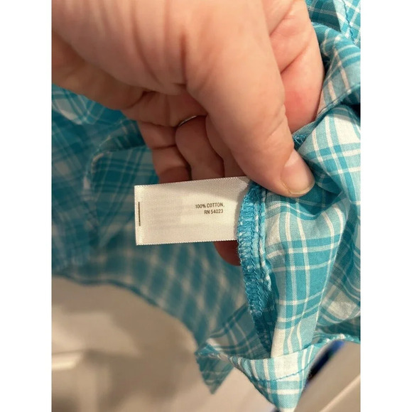Old Navy‎ Teal White Plaid Ruffle Button Up Round Neck Long Sleeve Blouse Medium - Picture 8 of 8